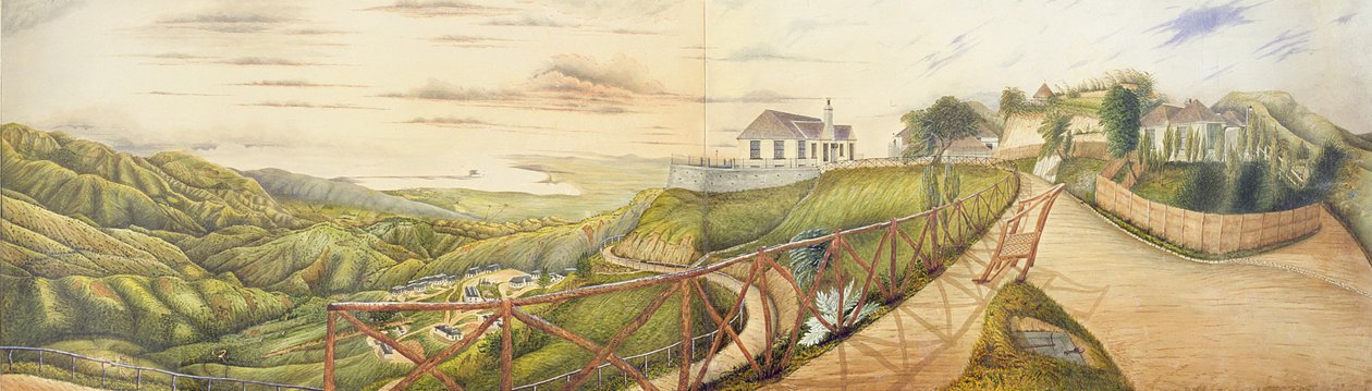 A View Towards Kingston fra Military Sanatorium i Newcastle, Blue Mountains, Jamaica, 1855 (wc og gouache på papir lagt på lærred) af English School