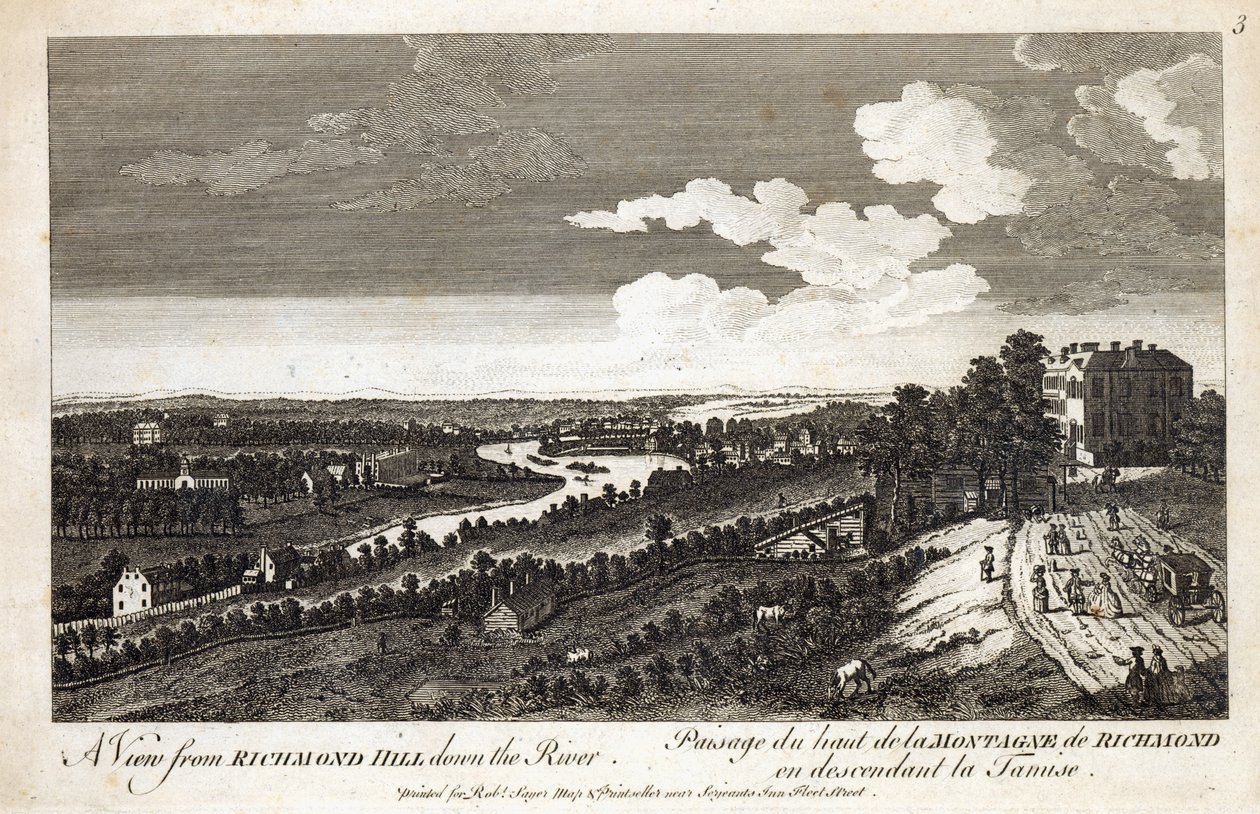 En udsigt fra Richmond Hill ned ad floden, trykt for Robert Sayer Map und Printseller, Fleet Street af English School
