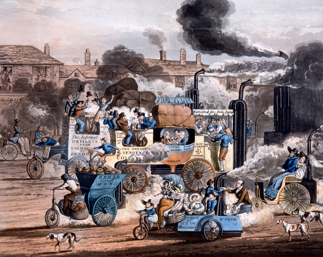 A View in White Chapel Road 1830, fra The Progress of Steam - Aikens Illustration of Modern Prophecy 1828 (håndfarvet akvatint) af English School