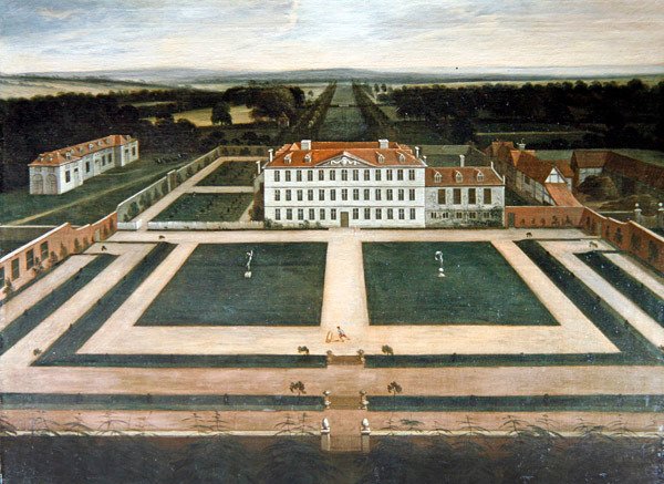 A View of Capesthorne Hall, Cheshire, ca. 1730 (olie på lærred) af English School
