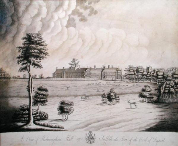 En udsigt over Helmingham Hall i Suffolk, sædet for jarlen af Dysart (blæk og grå vask på papir) af English School
