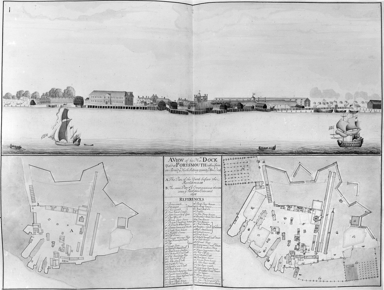 En udsigt over His Majestys Dockyard i Portsmouth taget fra overfor New Dock, 1698 af English School