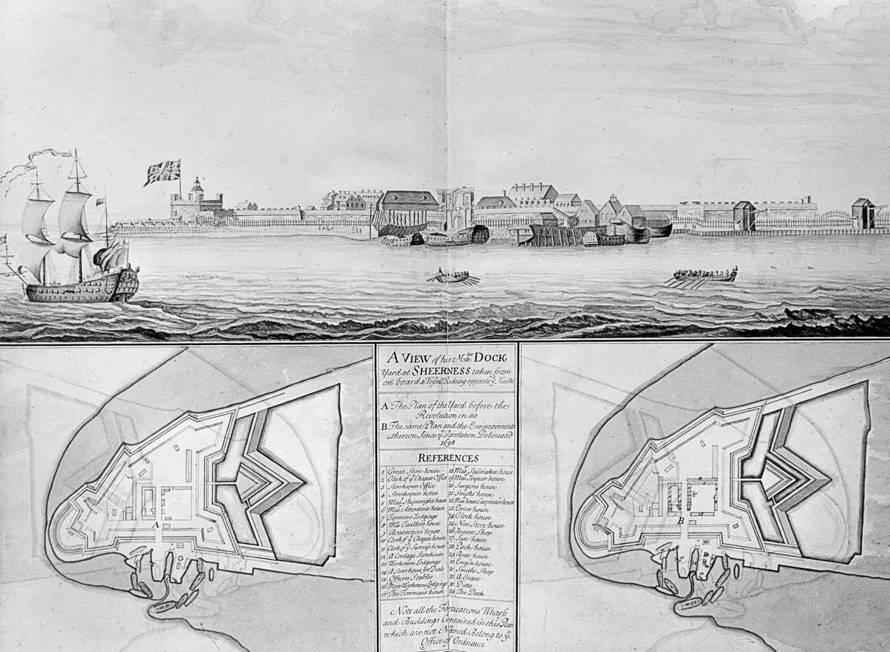En udsigt over His Majestys Dockyard i Sheerness, 1698 af English School