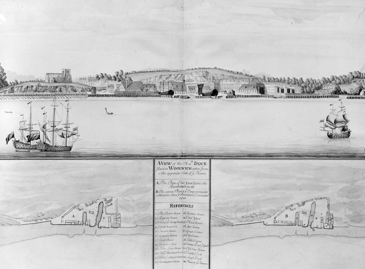En udsigt over Hans Majestæts værft i Woolwich taget fra den modsatte side af Themsen af English School