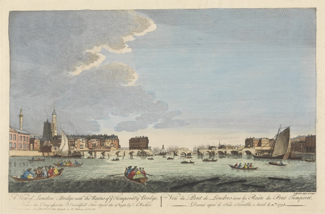 En udsigt over London Bridge med ruinerne af den midlertidige bro efter branden den 11. april 1758 (farvet indgravering) af English School