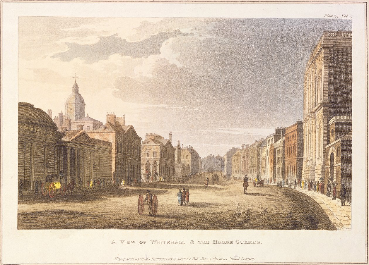 A View of Whitehall and The Horse Guards, fra Ackermanns Repository of Arts, 1. juni 1811 af English School