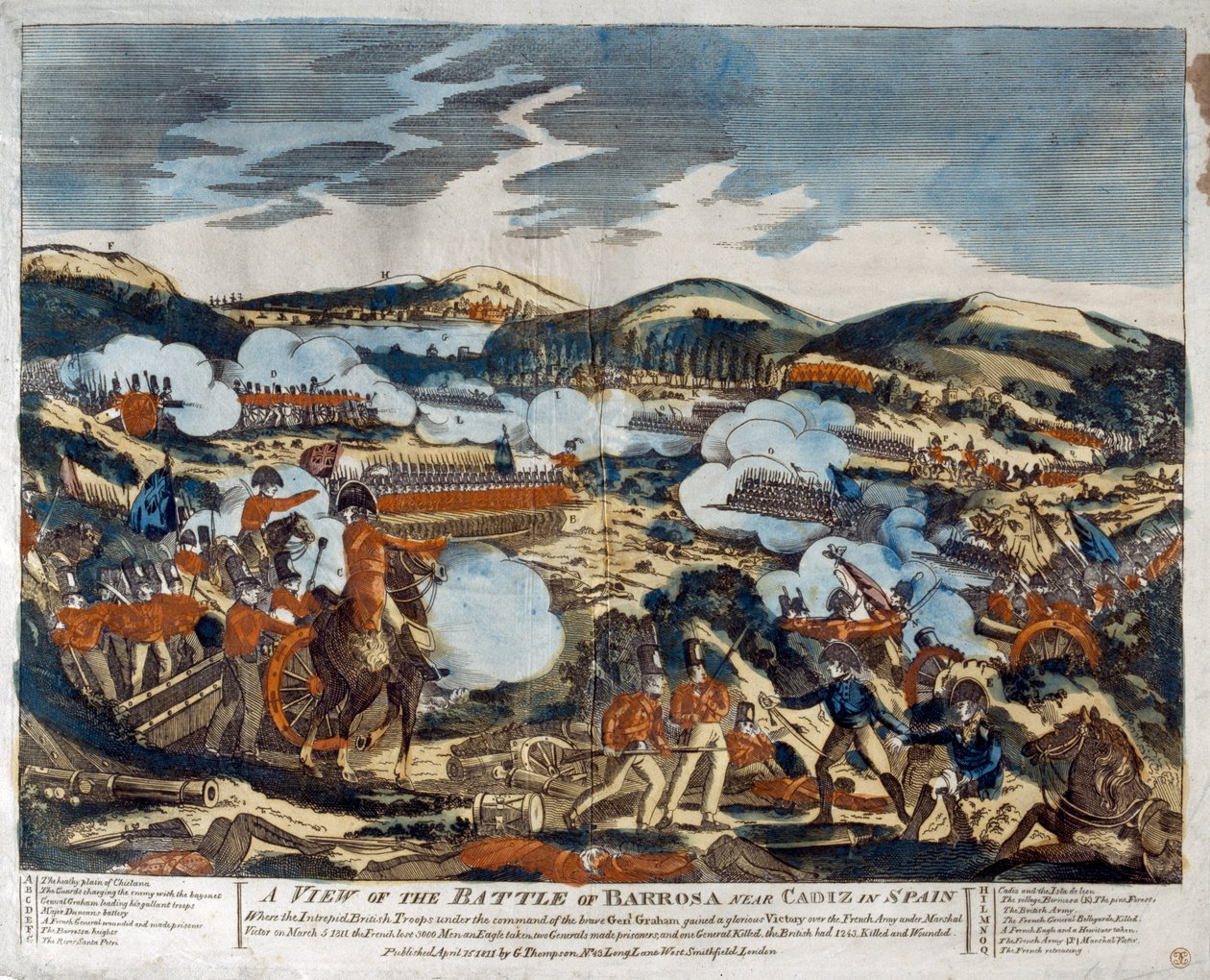 Udsigt over slaget ved Barossa, 1811 (farvet træsnit) af English School