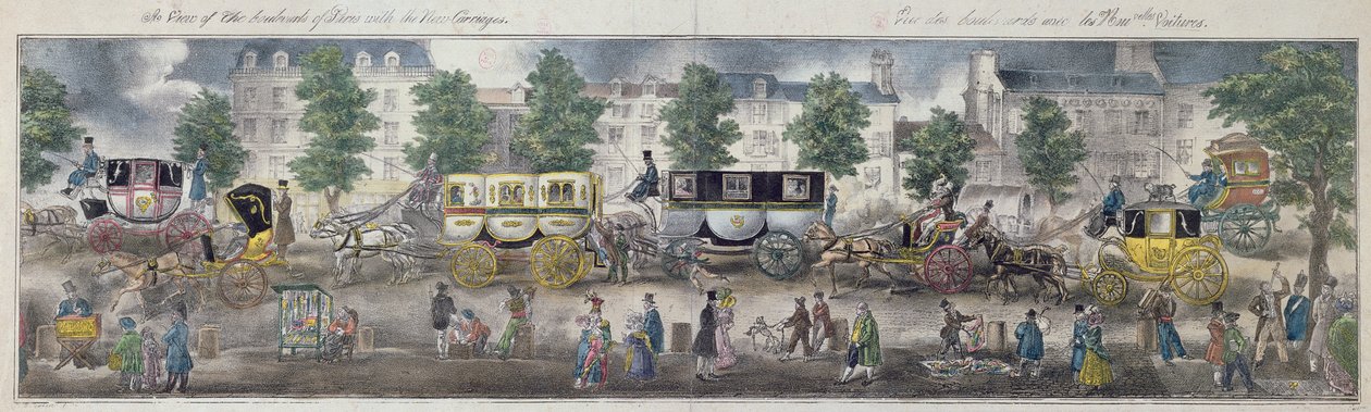 Udsigt over boulevarderne i Paris med de nye vogne, 1828 (farvegravering) af English School