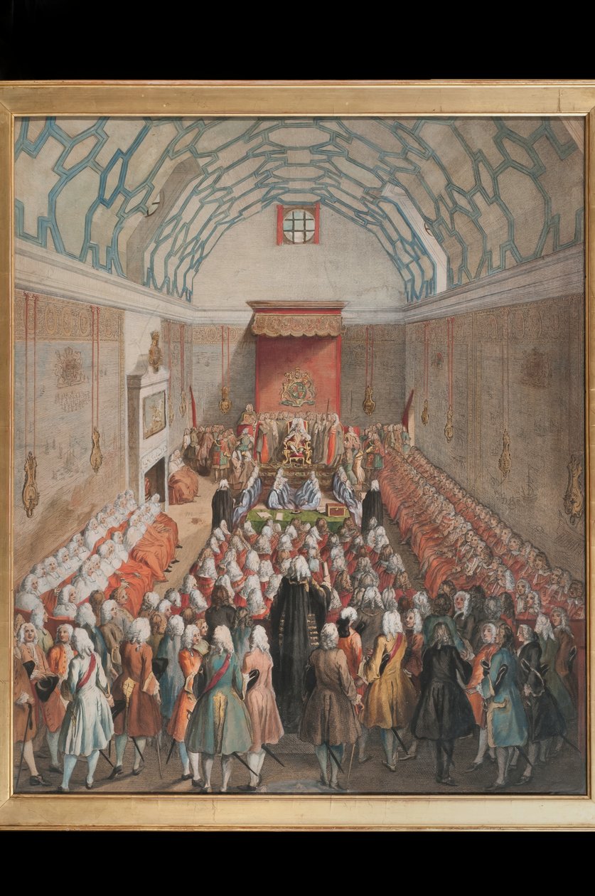 A View of the House of Lords, graveret af Benjamin Cole (fl.1748-75) c.1755 (håndfarvet gravering) af English School