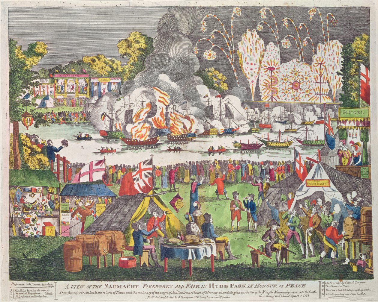A View of the Naumachy, Fireworks and Fair in Hyde Park in Honor of Peace, udgivet af G. Thompson, 1814 af English School