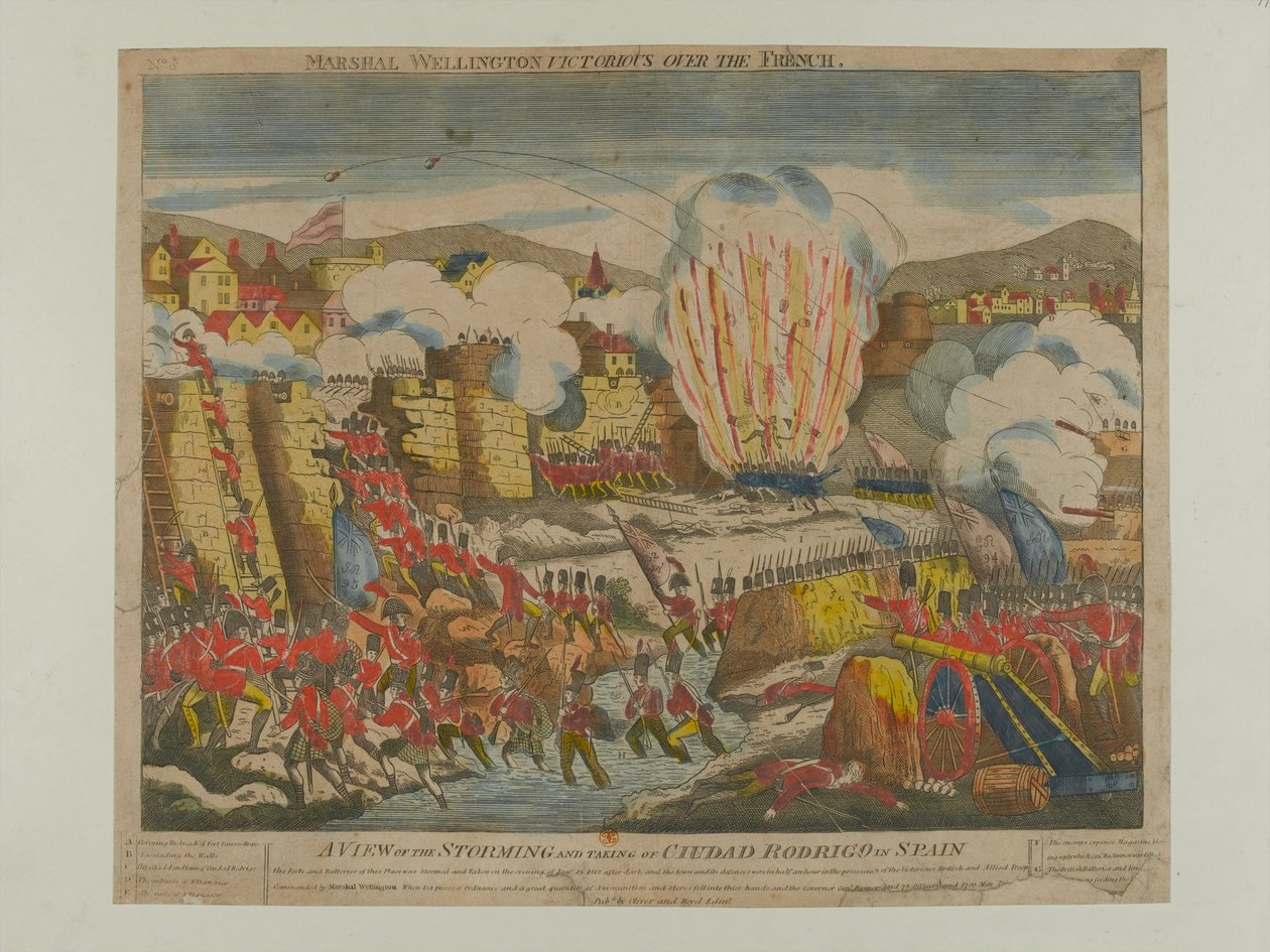 Et syn på stormingen og indtagelsen af Ciudad Rodrigo i Spanien 1812, udgivet af Oliver og Boyd 1812 af English School