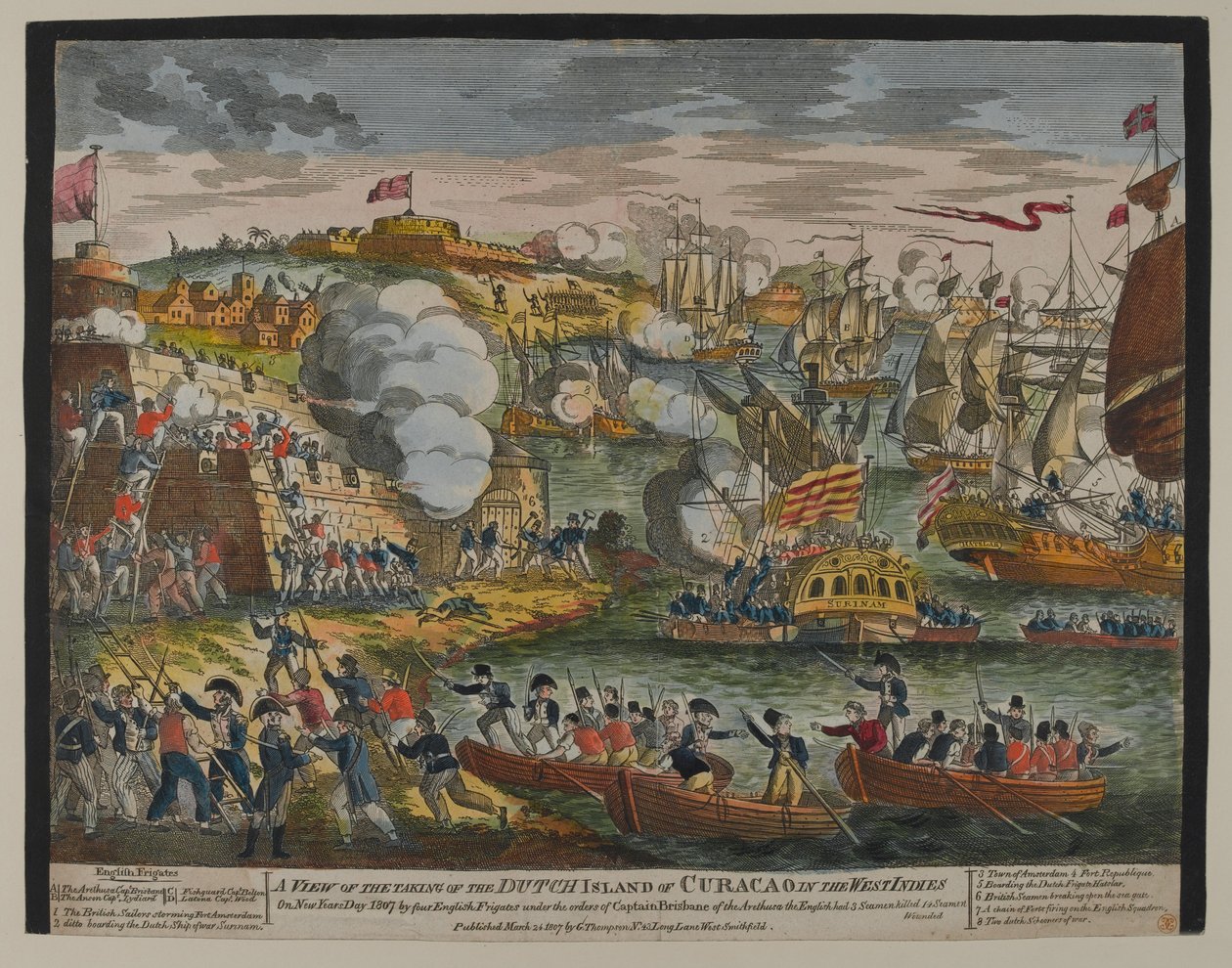 En udsigt over indtagelsen af den hollandske ø Curacao i Vestindien, 1. januar 1807, udgivet af G. Thompson i 1807 (farvet træsnit) af English School