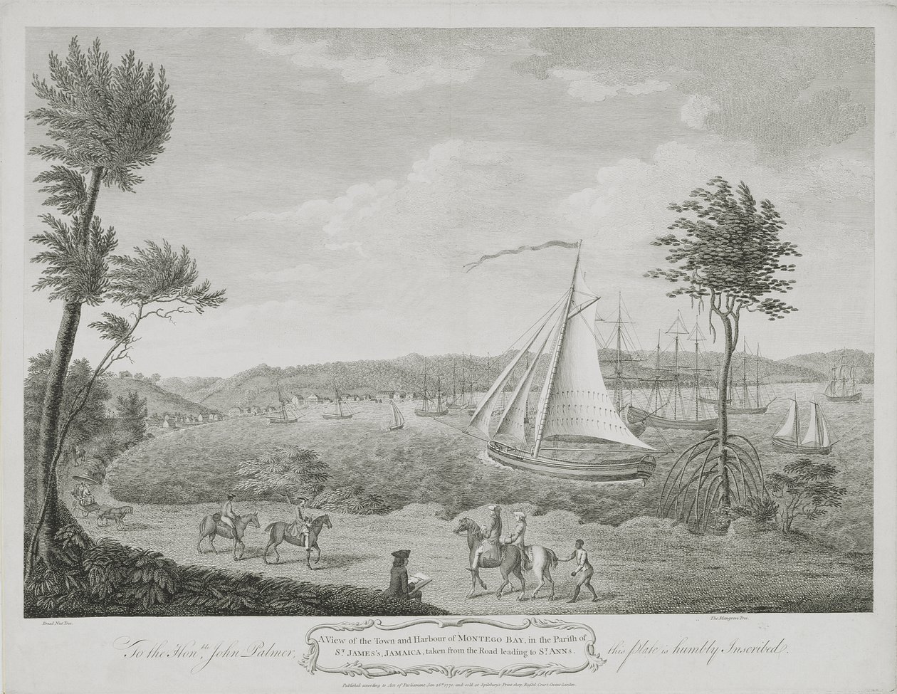 En udsigt over byen og havnen i Montego Bay, i Parish of St. James, Jamaica, taget fra vejen, der fører til St. Ann