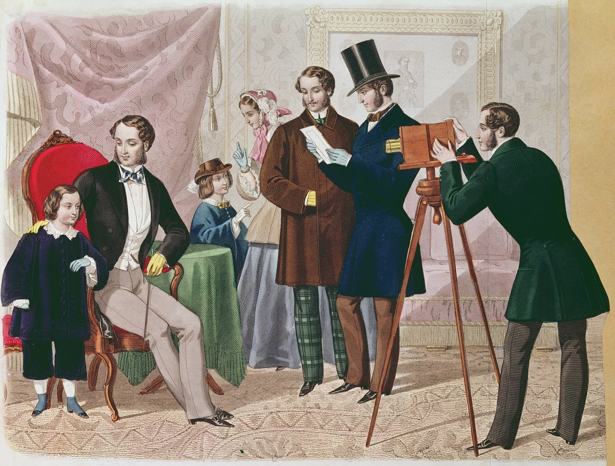 Et besøg hos fotografen, 1857 (farvegravering) af English School