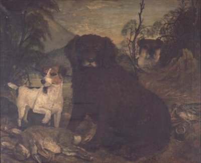 En vandspaniel og to Jack Russells ved dagens taske af English School