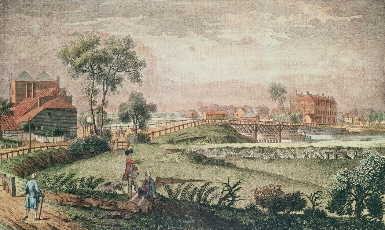 En vestlig udsigt over Chelsea Bridge, 1761 (farvegravering) af English School