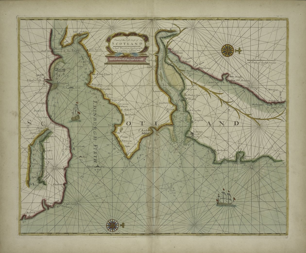 Et kort over Skotlands østkyst fra et havatlas indeholdende en hydrografisk beskrivelse af de fleste havkyster i de kendte dele af verden af Samuel Thornton, 1707 (håndfarvet tryk) af English School