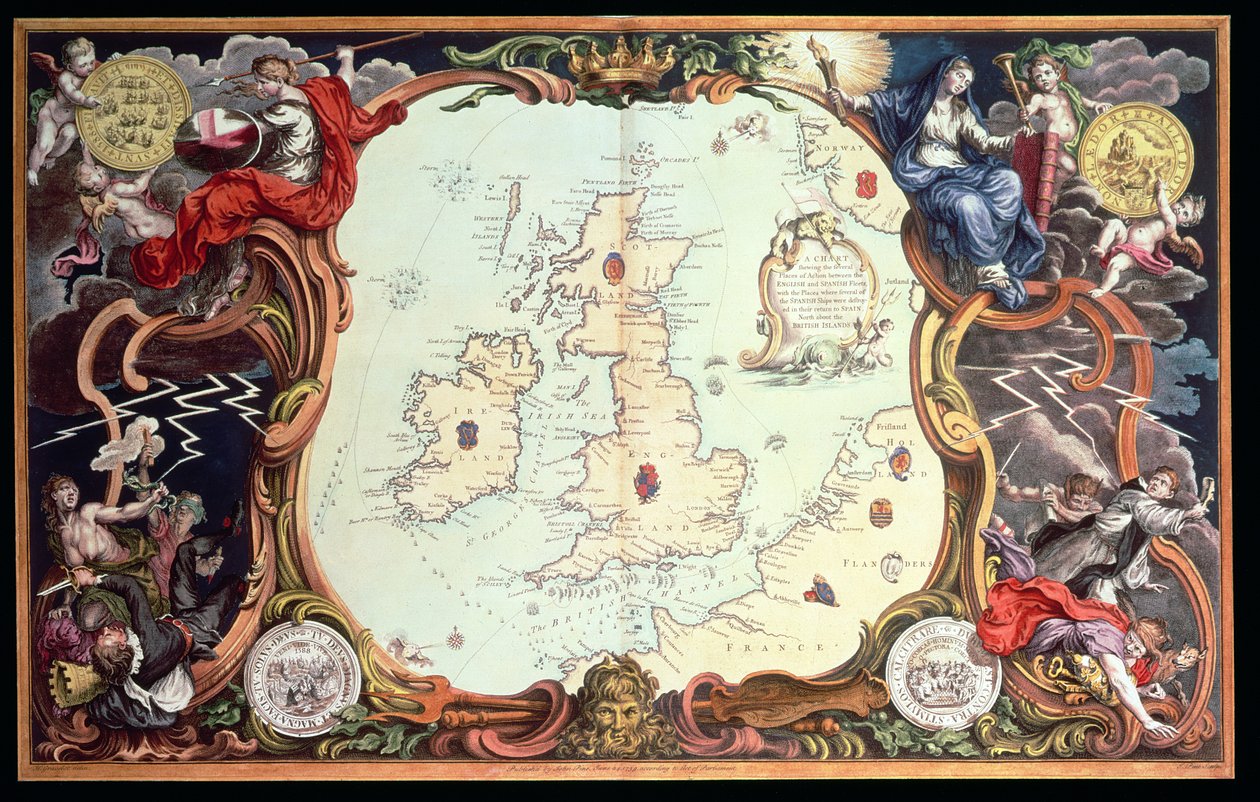 Et diagram, der viser de adskillige handlingssteder mellem den engelske og spanske flåde, med de steder, hvor flere af de spanske skibe blev ødelagt, da de vendte tilbage til Spanien, udgivet 1739, af John Pine (håndfarvet gravering) af English School