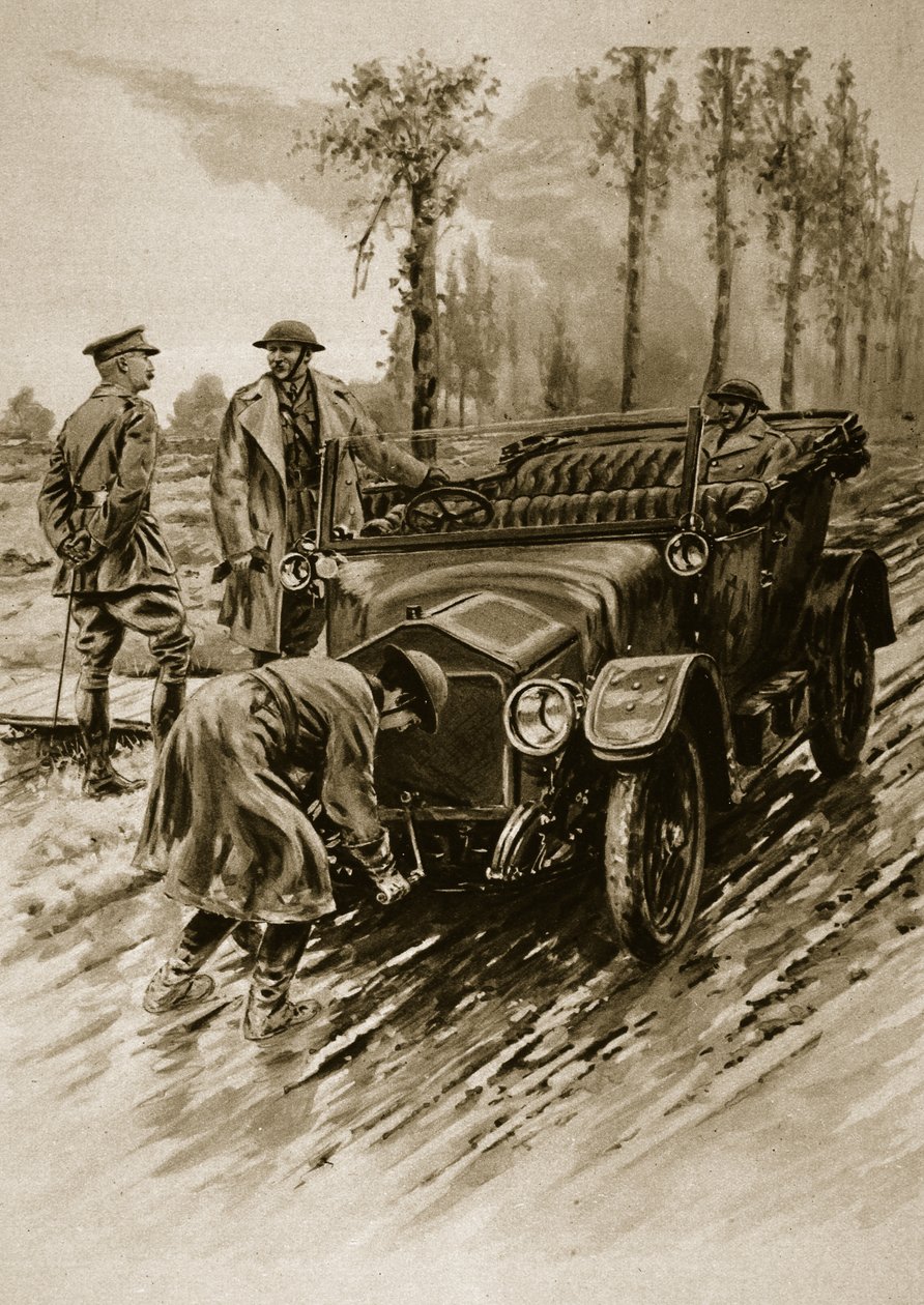 En chauffør fra Womens Army Auxiliary Corps starter motoren på en officersbil, 1914-19 af English School