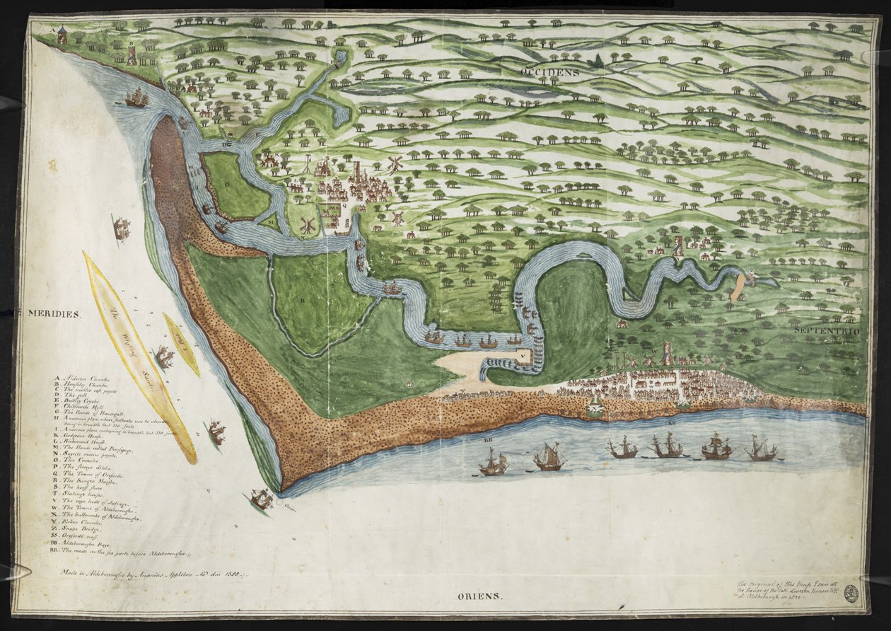 En farvet faksimilekopi af et fugleperspektiv eller et kort over Suffolks kyst fra Alderton til Aldborough, inklusive Orford Ness (vellum) af English School