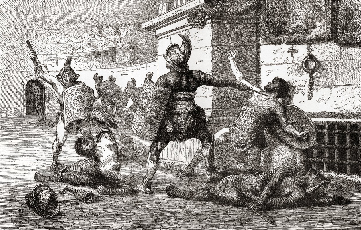 En kamp mellem gladiatorer i det gamle Rom, fra Ward and Lock