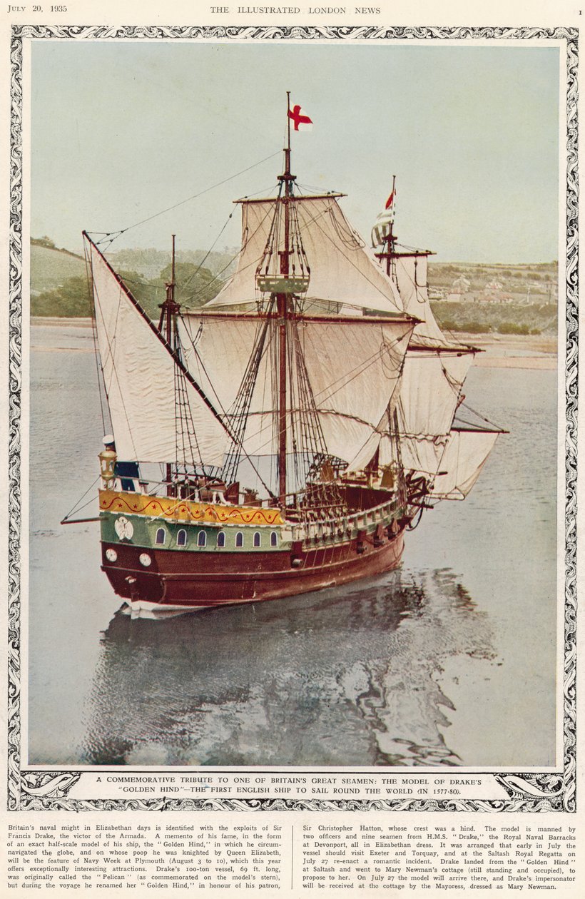 En erindringshyldest til en af Storbritanniens store sømænd: modellen af Drakes Golden Hind, det første engelske skib, der sejlede jorden rundt i 1577-80, fra The Illustrated London News Royal Naval og Mi af English School