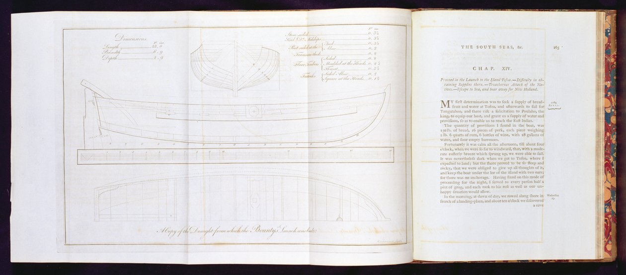 En kopi af udkastet, hvorfra The Bountys launch blev bygget, fra A Voyage to the South Sea, af William Bligh (1754-1817), indgraveret af Mackenzie, udgivet 1792 (se også 174207, 174209) af English School
