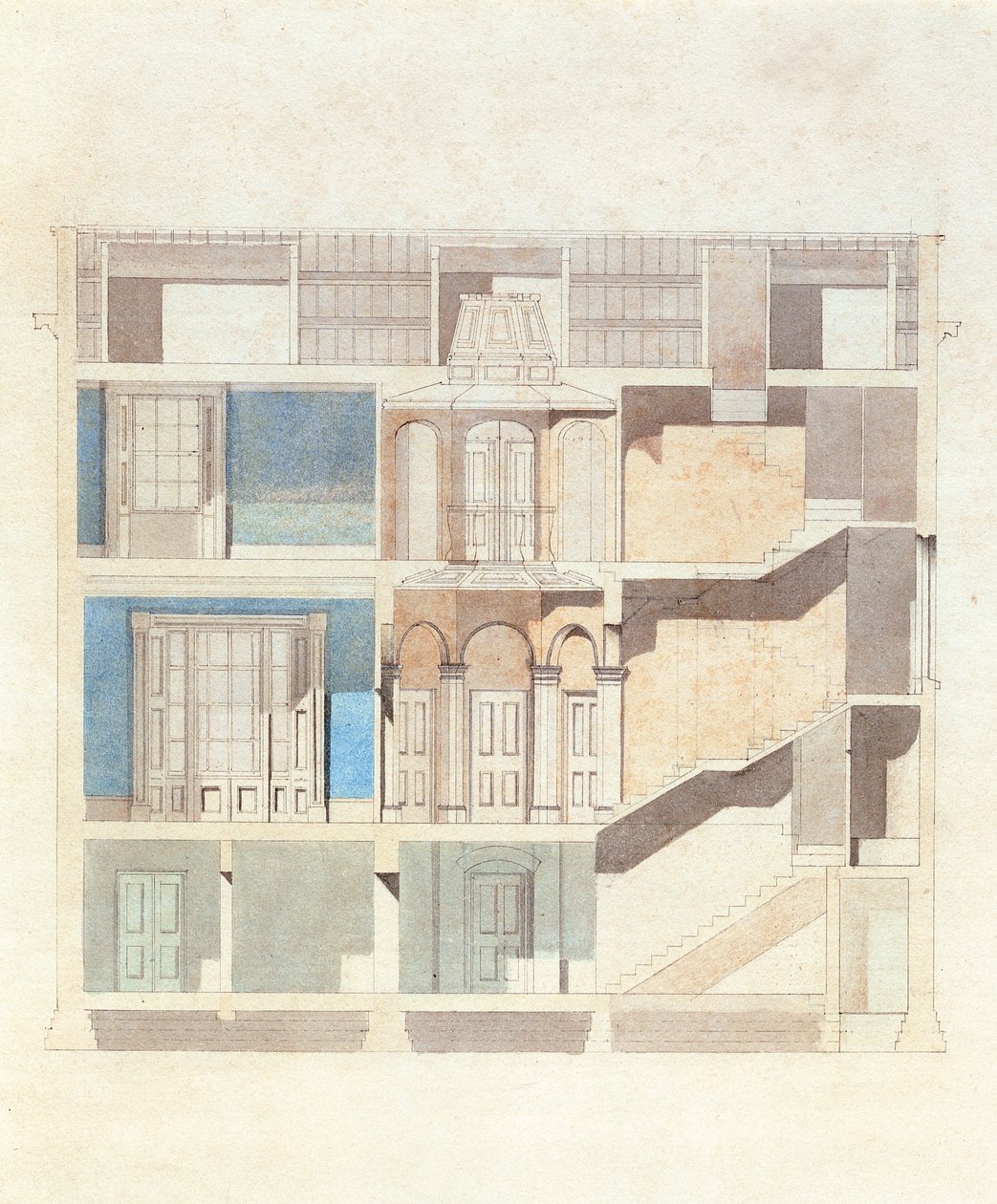 Et tværsnitsdesign til et klassisk byhusinteriør, ca. 1840 (wc med pen og blæk) af English School