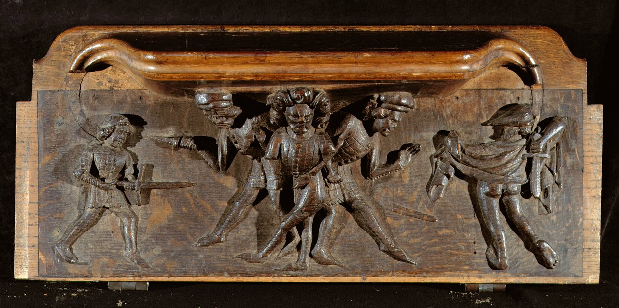 En beskadiget misericord, der forestiller tre mænd, der kæmper med dolke og sværd, New College Chapel, Oxford, slutningen af det 14. århundrede (træ) af English School