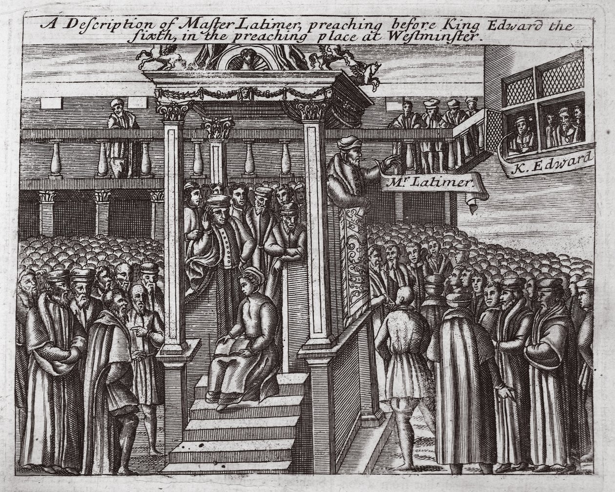 En beskrivelse af Mester Latimer, der prædikede for kong Edward den Sjette i prædikestedet i Westminster, illustration fra Acts and Monuments af John Foxe, niende udgave, pub. 1684 af English School