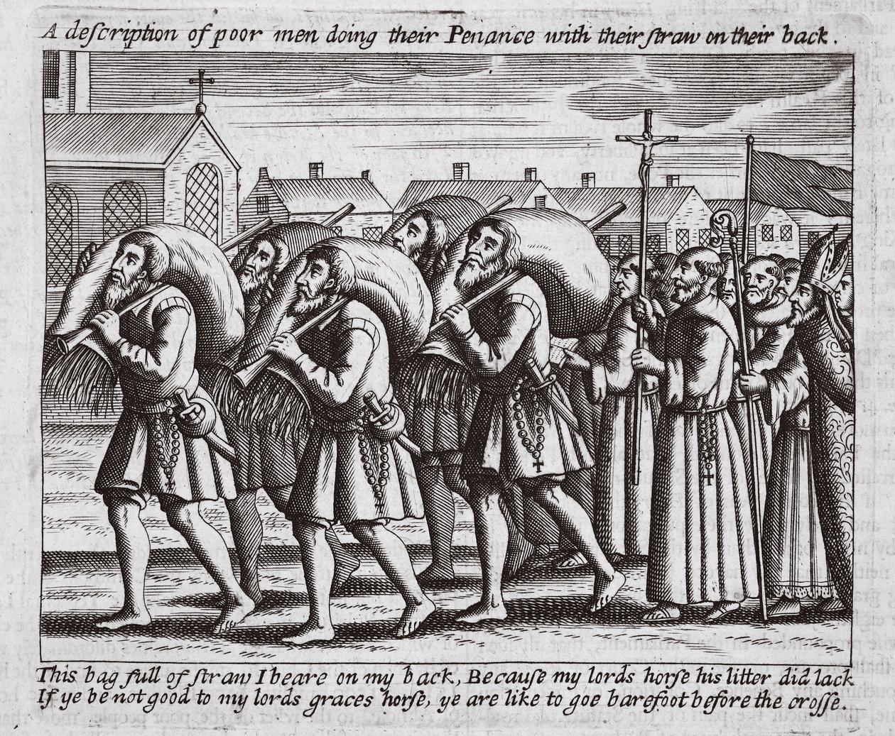 En beskrivelse af fattige mænd, der gør deres bod med deres strå på ryggen, illustration fra Acts and Monuments af John Foxe, niende udgave, pub. 1684 af English School