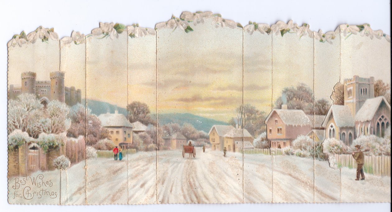 Et victoriansk julekort med foldekoncert af et slot og en kirke og en mand, der bærer en spade i sneen, ca. 1880 af English School