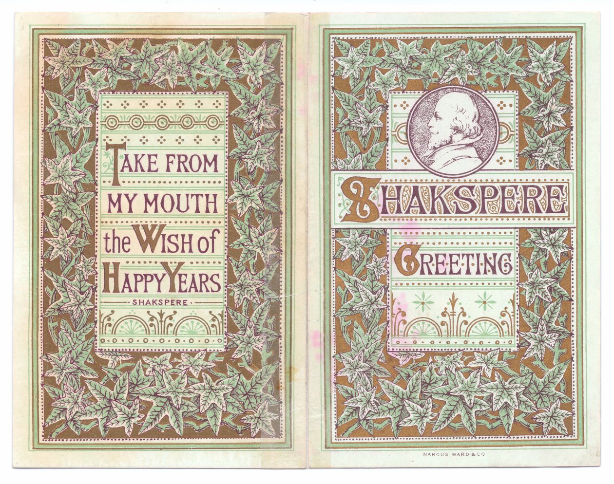 Et victoriansk lykønskningskort på forsiden og bagsiden af et billede af William Shakespeare, ca. 1880 (farve litho) af English School
