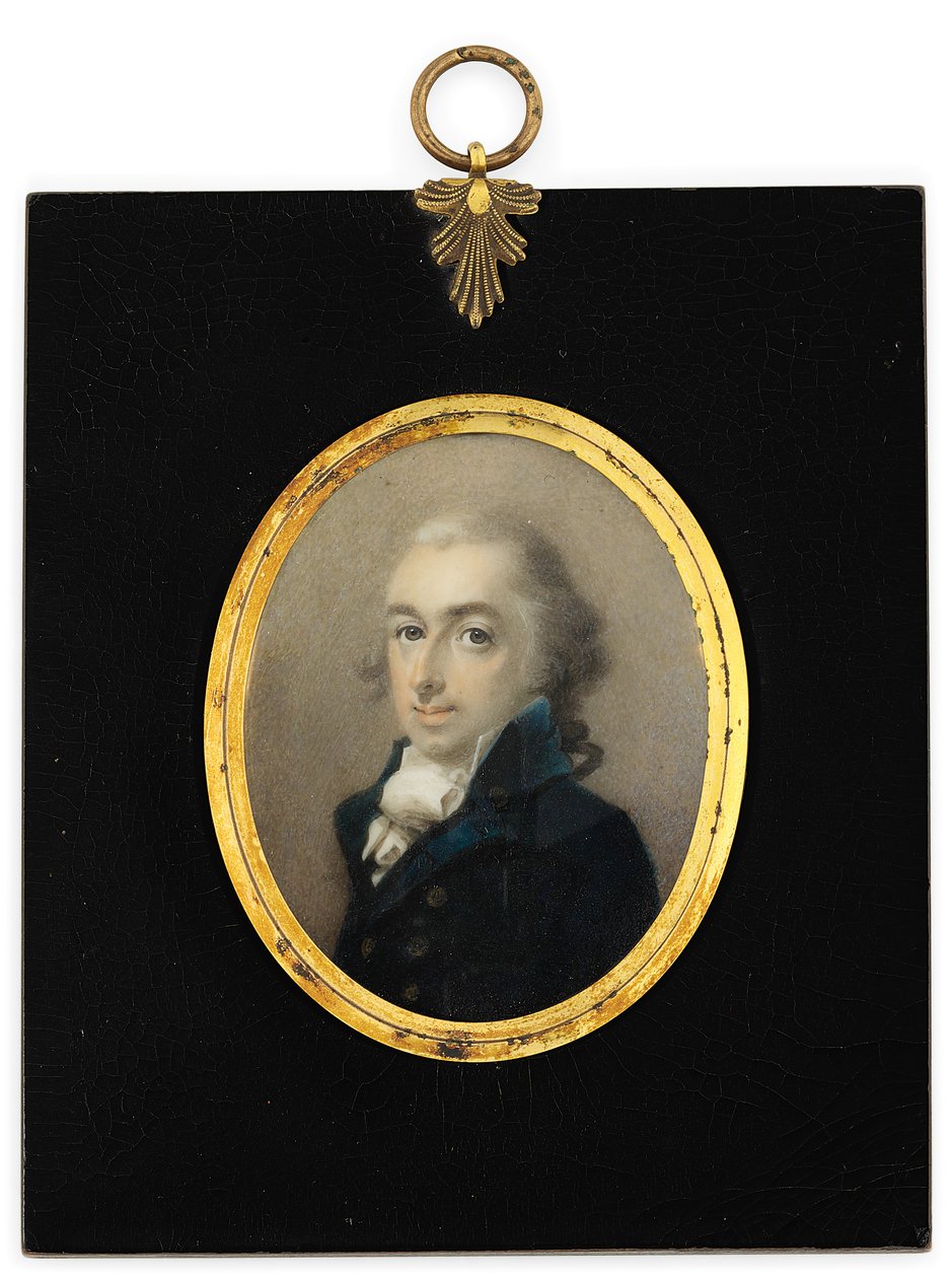En herre ved navn Pryce Edwards i blå frakke, hvidt halsbånd og pulveriseret paryk (akvarel på elfenben i eboniseret træramme) af English School