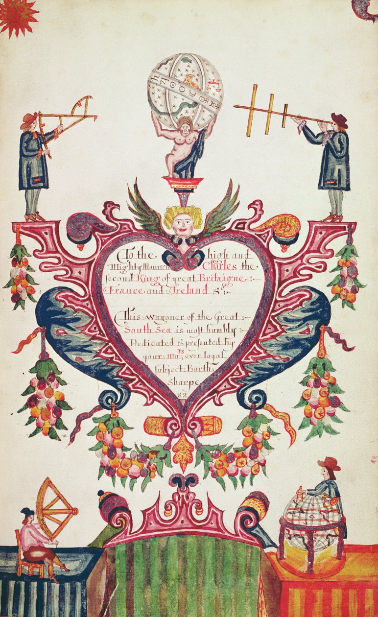 En gave dedikeret til Charles II af Bartholomew Sharp, ca. 1681 (pen, blæk & wc) af English School