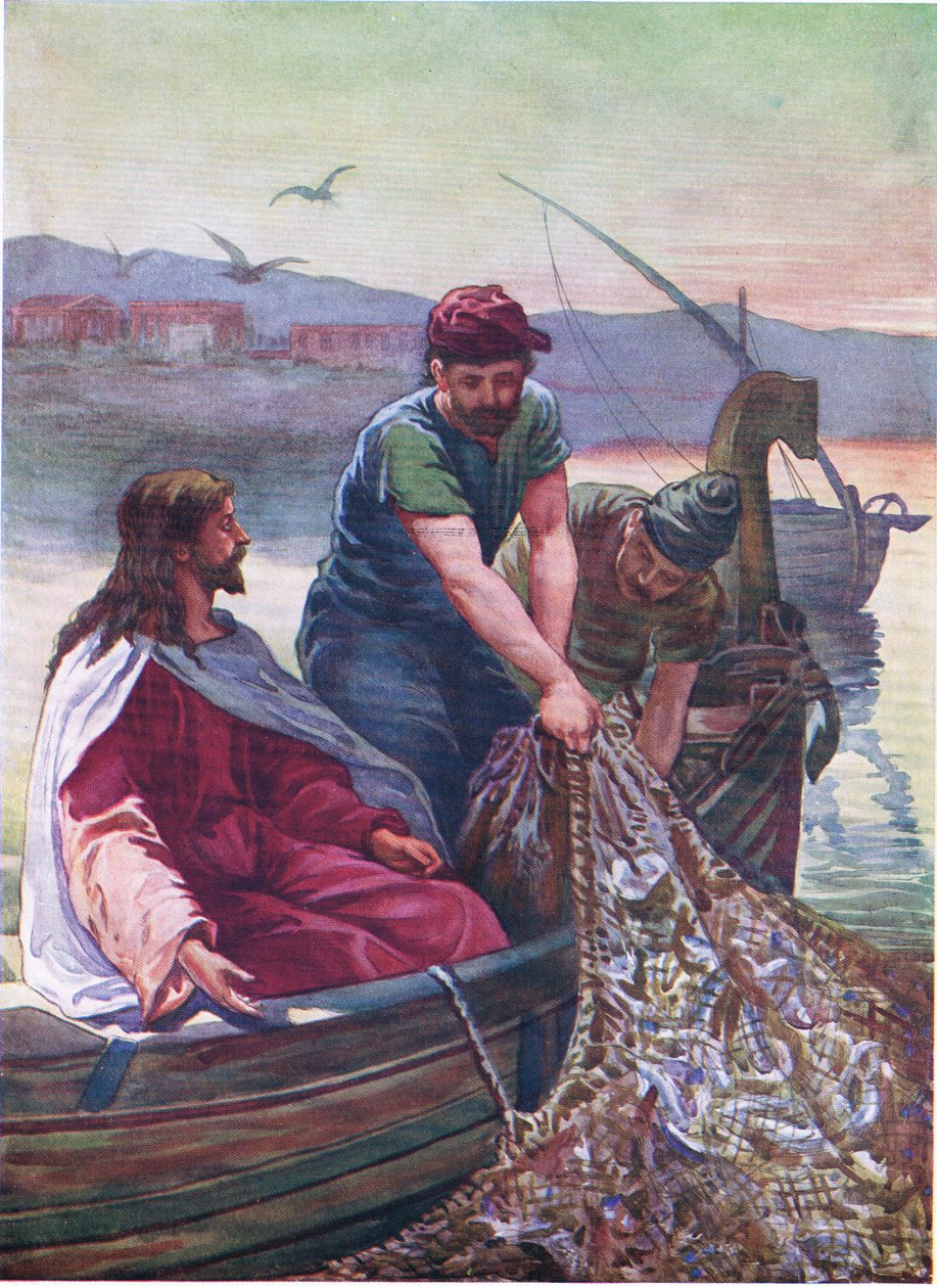 Et stort træk af fisk, fra The Bible Picture Book udgivet af Thomas Nelson, ca. 1950 (farvelitografi) af English School