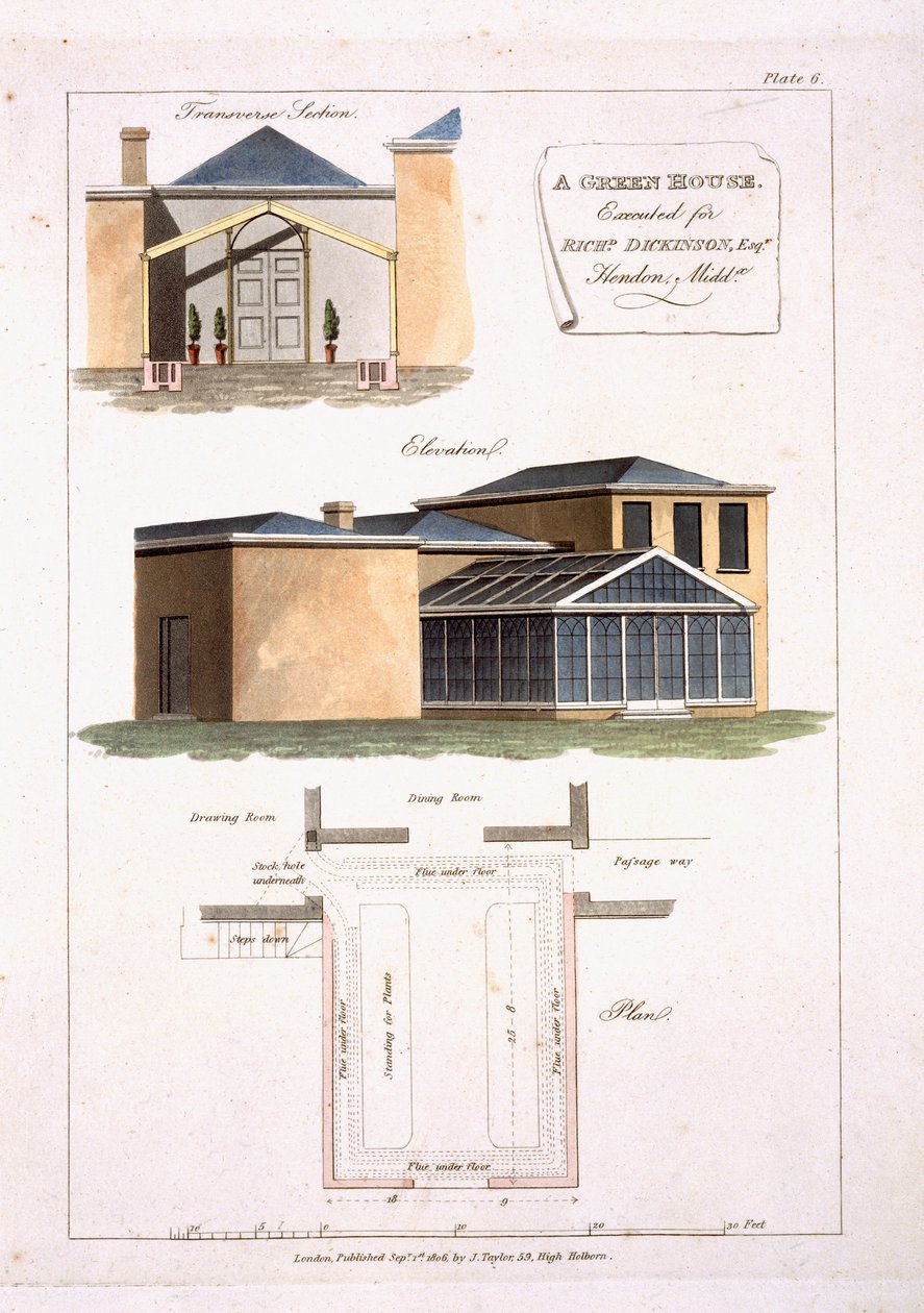 Et drivhus med gotiske detaljer knyttet til et hus i nyklassisk stil til Richard Dickinson Esq i Hendon, Middlesex, 1806 af English School
