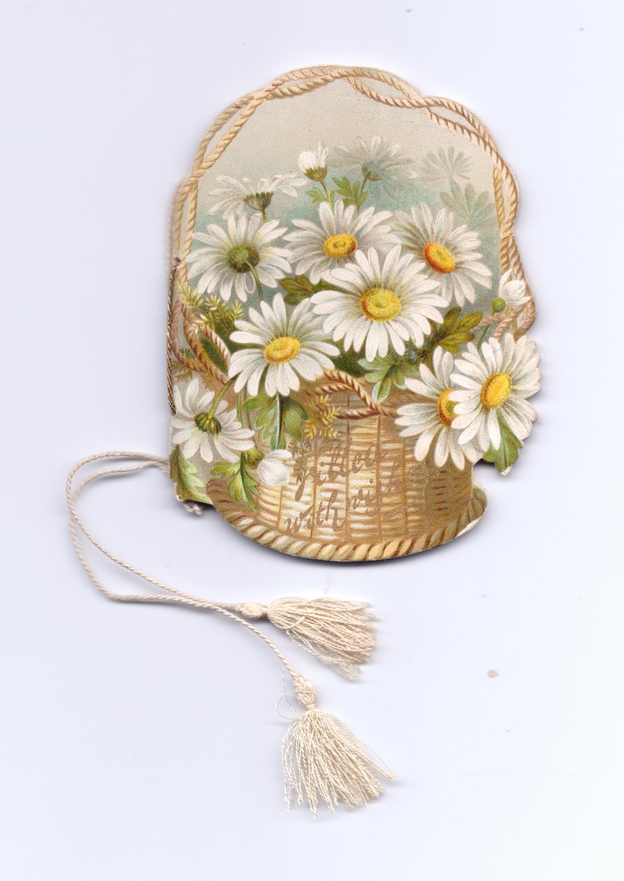 A greeting card booklet in the shape of a wicker basket filled with daisy "s and tied with a tassel. The text on the basket reads" filled with wishes ", c.1880dani af English School