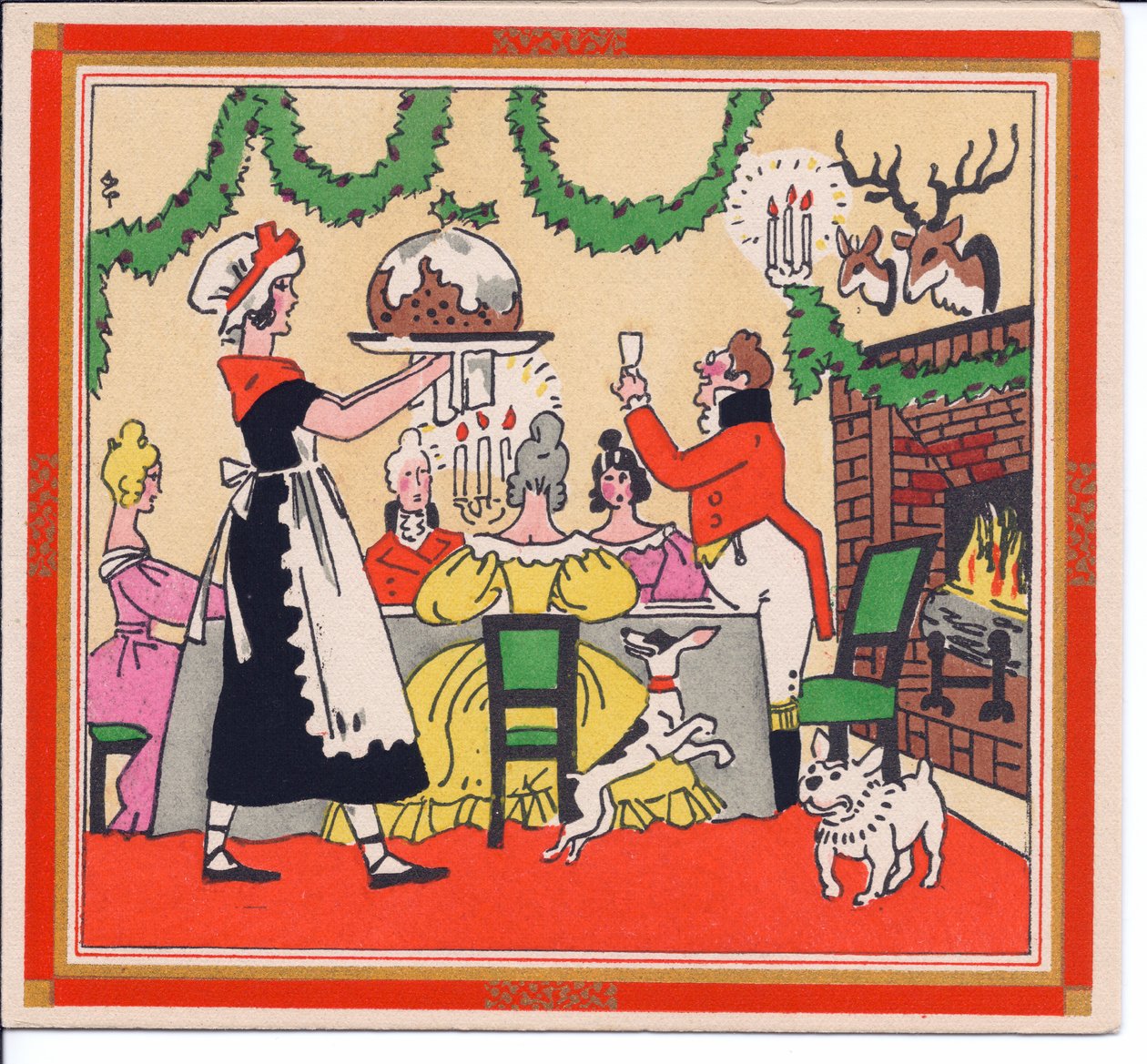 Et håndfarvet fransk Pochoir julekort af en stuepige, der serverer en julebudding, omkring 1920 af English School
