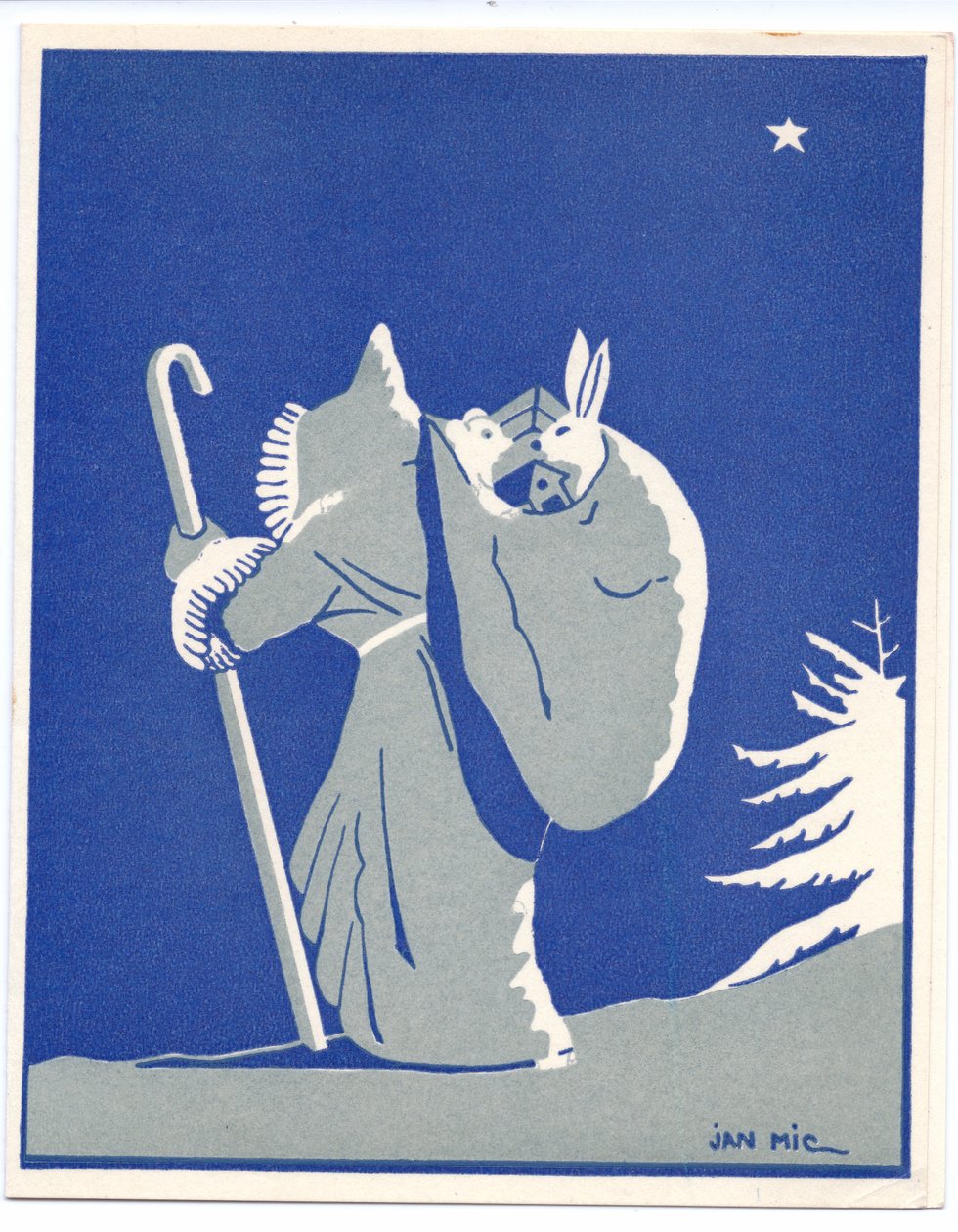 Et håndkoloreret fransk Pochoir-julekort af julemanden i silhoutte, der går med en stok og bærer en sæk med en kanin og en bjørn i, ca. 1920 (stencil) af English School