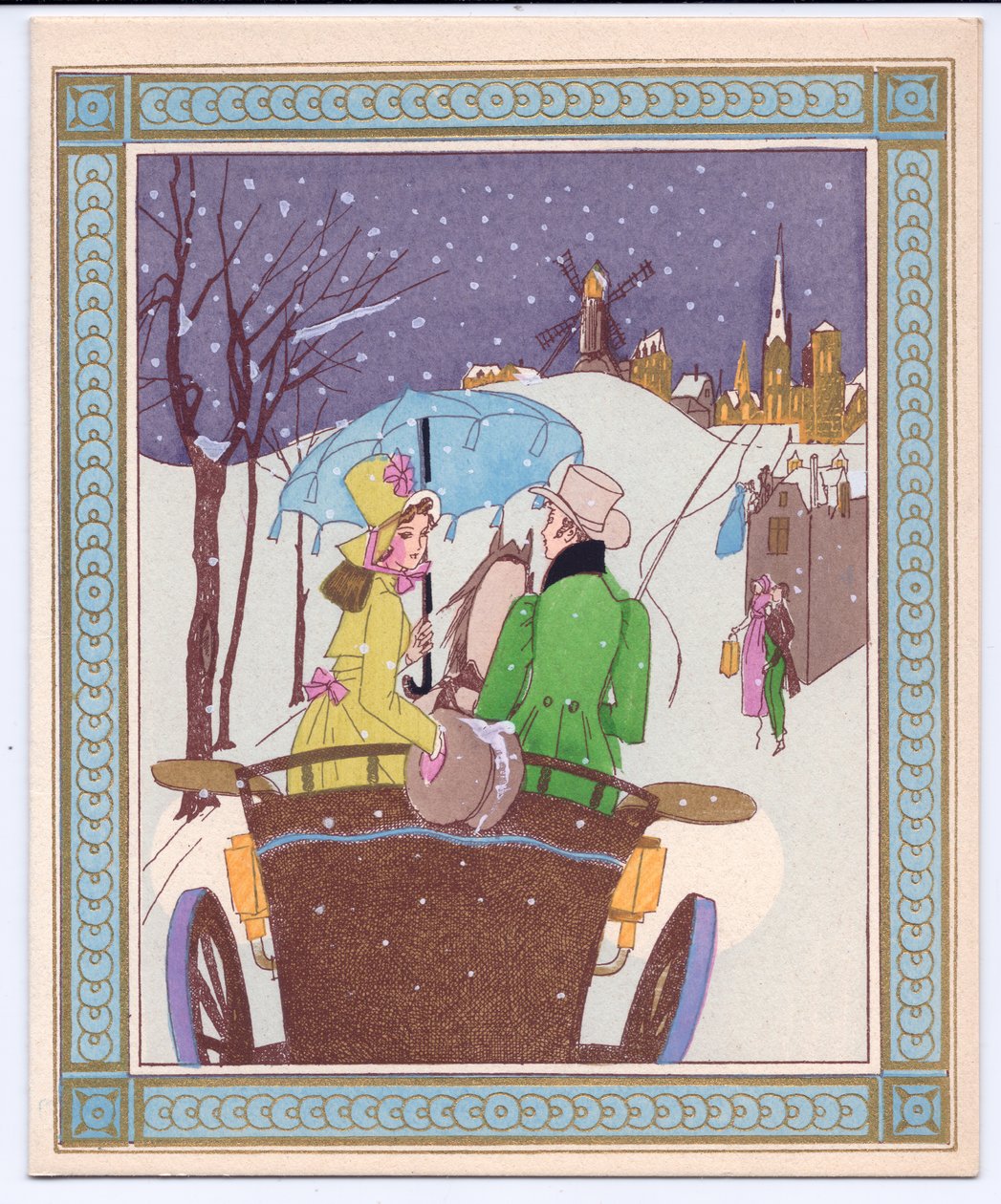 Et håndfarvet fransk Pochoir-julekort af et Rencecy-par i en åben vogn, der kører gennem sneen, omkring 1920 af English School