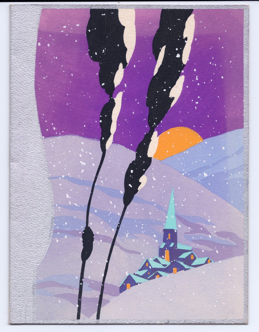 A hand-colored French Pochoir Christmas Card with a snow scene in the mountains of a setting sun and a church, circa 1920 dani af English School