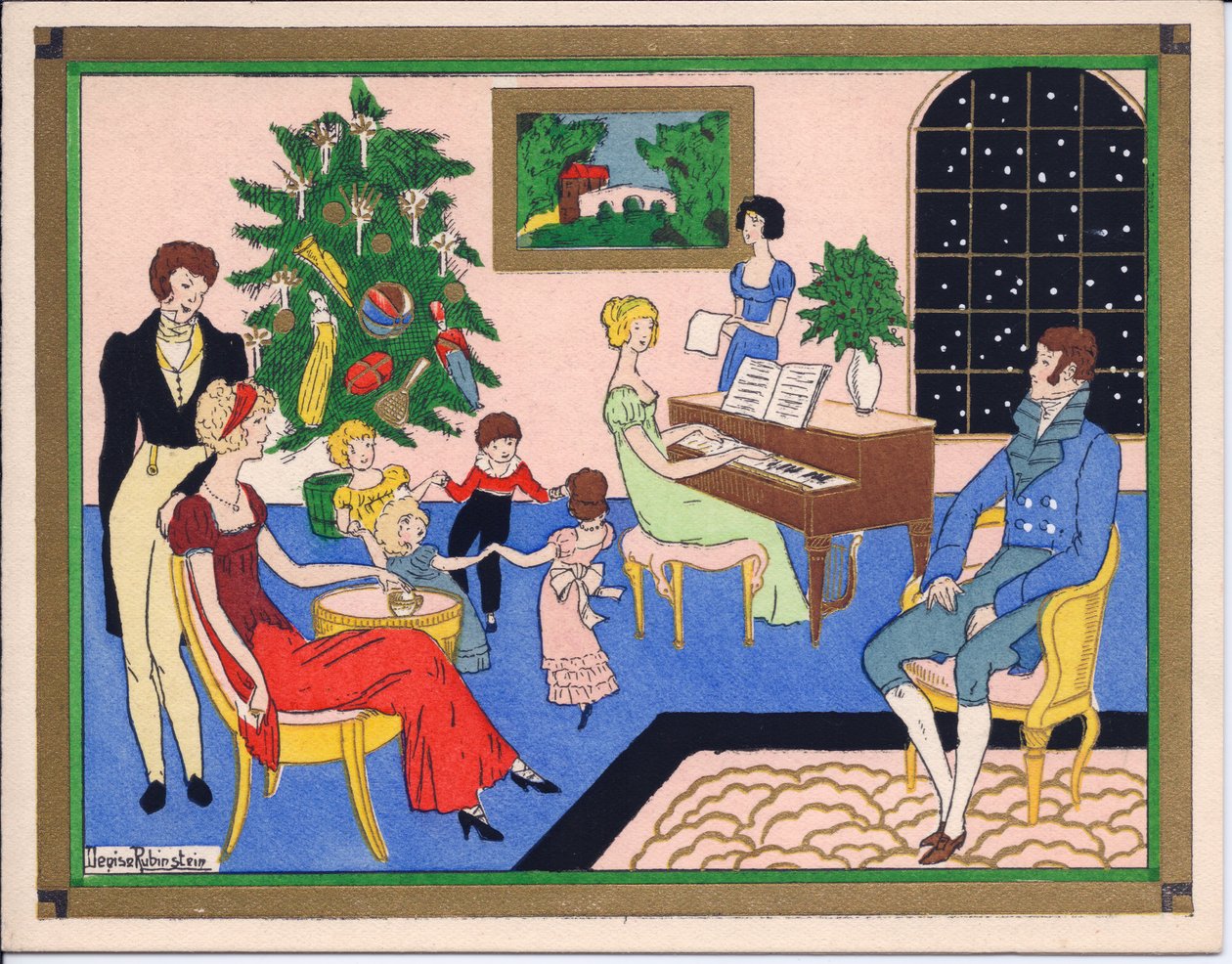 Et håndfarvet fransk Pochoir julekort fra en Regency families julefest, med dans og musikalsk underholdning, omkring 1920 af English School
