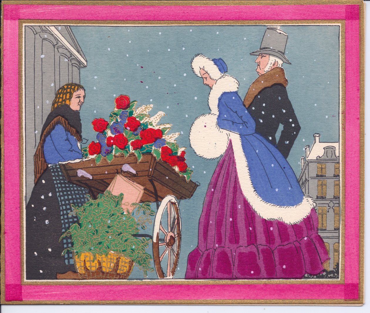 A hand-colored French Pochoir Christmas card of a Victorian flower seller, showing her barrow of roses to passers by, circa 1920dani af English School