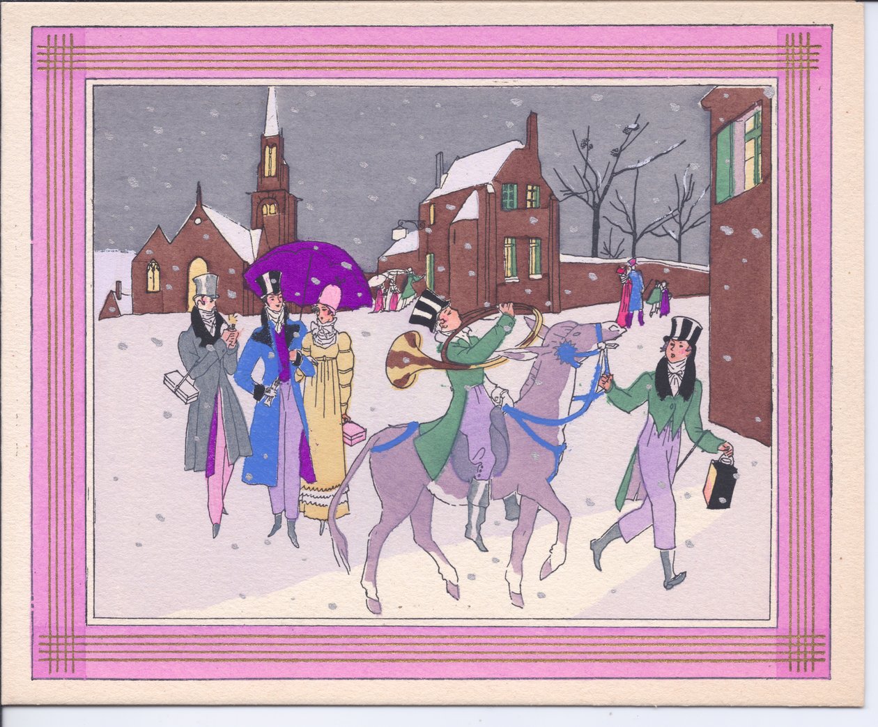 A hand-colored French Pochoir Christmas card of a donkey being led by a top hatted man with a lantern, and being ridden by a man blowing a hunting horn, circa 1920dani af English School
