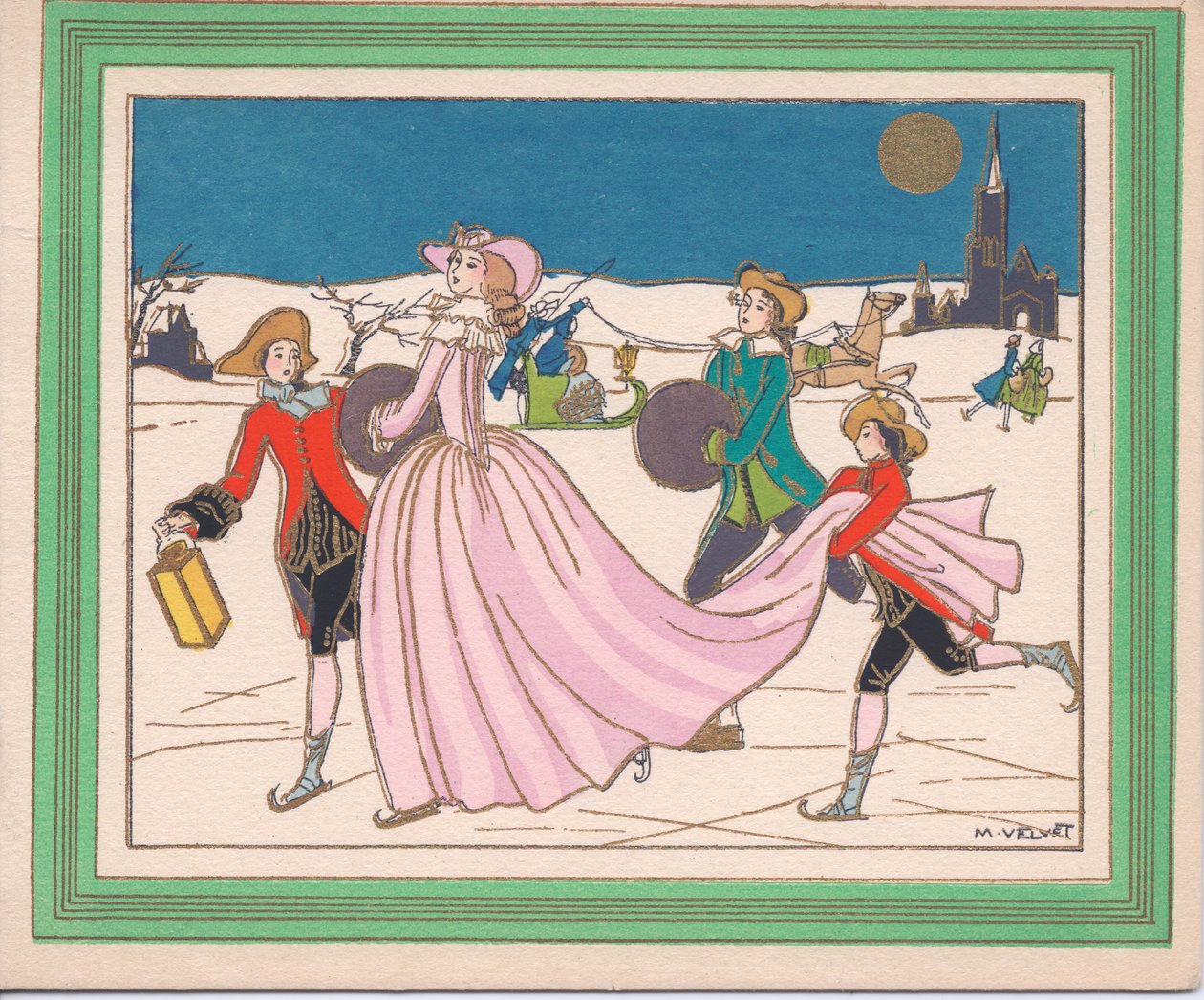 A hand-colored French Pochoir Christmas card of a lady in a flowing pink dress ice skating with attendants holding a lantern and her trail, circa 1920dani af English School