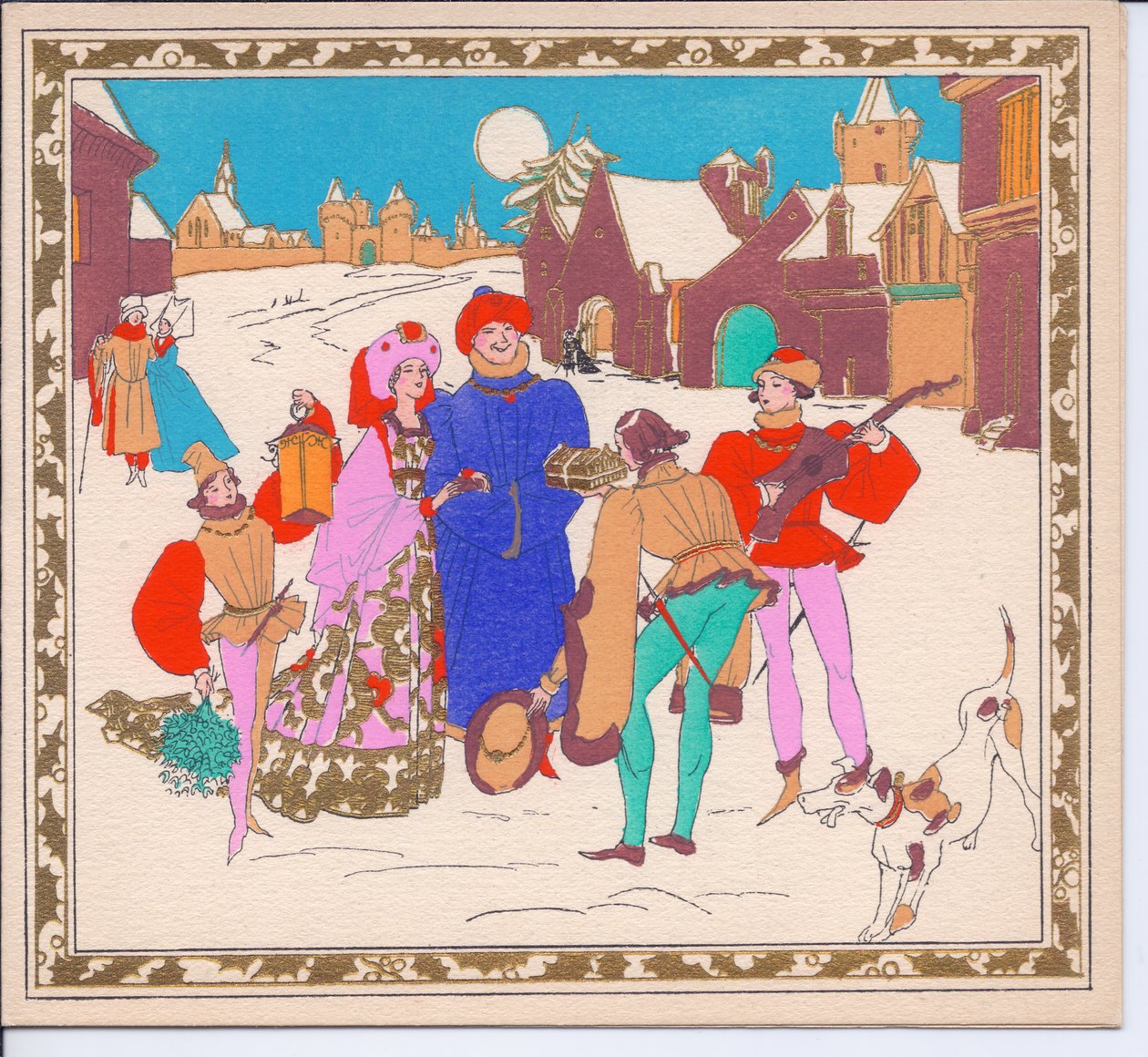 Et håndfarvet fransk Pochoir-julekort af et par elizabethanske gademinstre, der underholder en herre og dame, mens deres side rummer en lanterne, omkring 1920 af English School