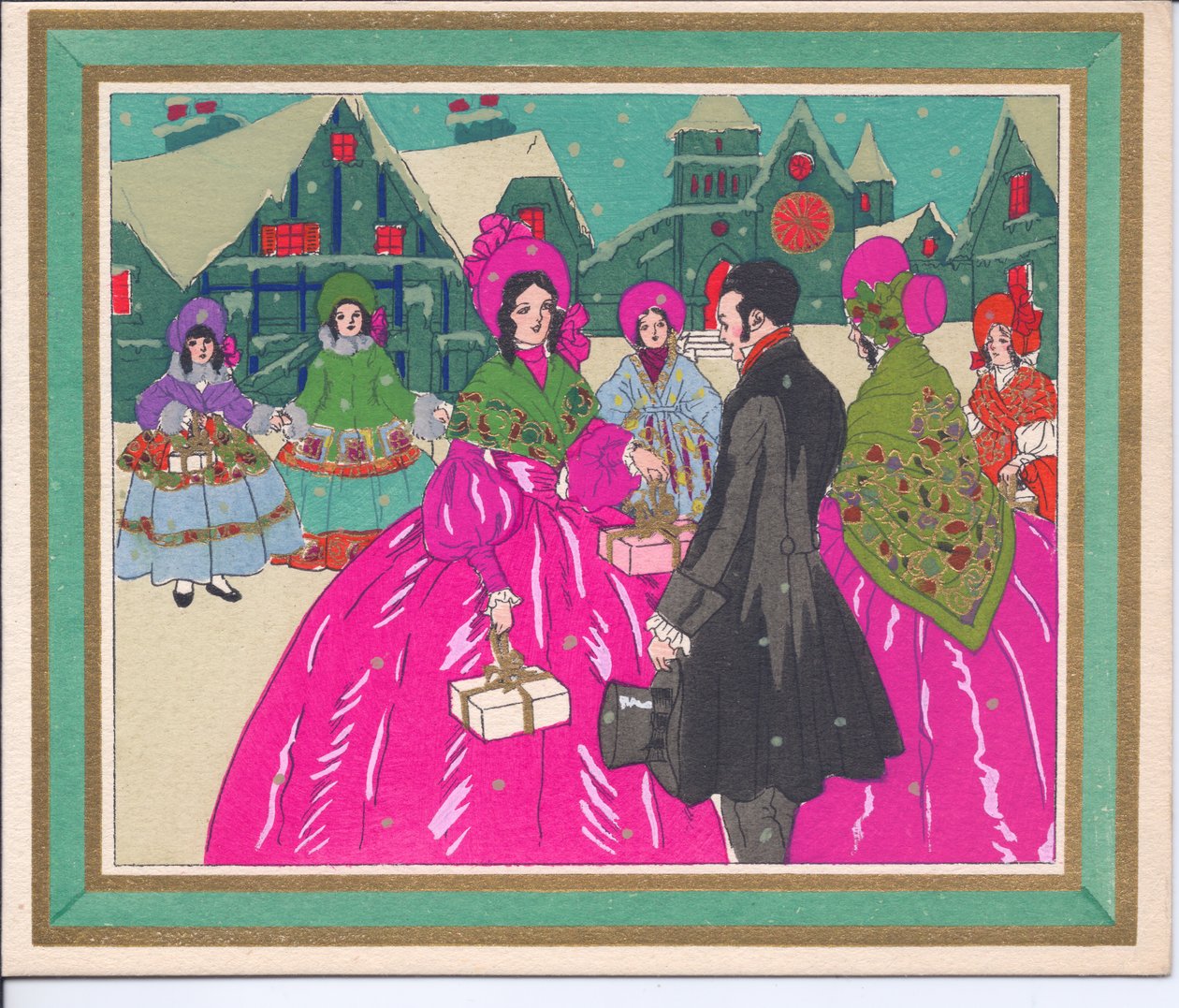 Et håndfarvet fransk Pochoir-julekort med damer i krinolinkjoler og en herre i frakke og høj hat, ca. 1920 af English School