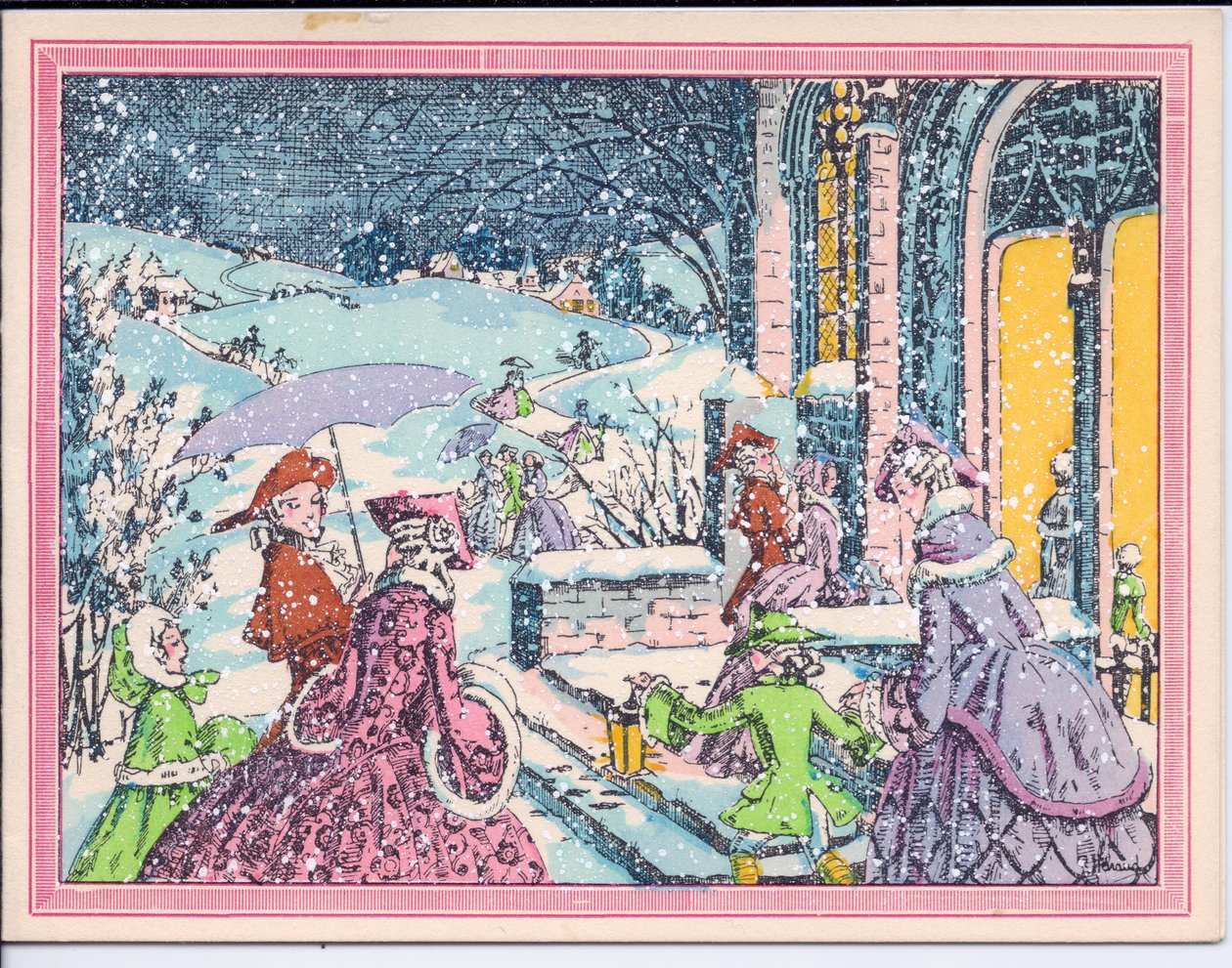 A hand-colored French Pochoir Christmas card of party goers arriving in the snow at a mansion, circa 1920dani af English School