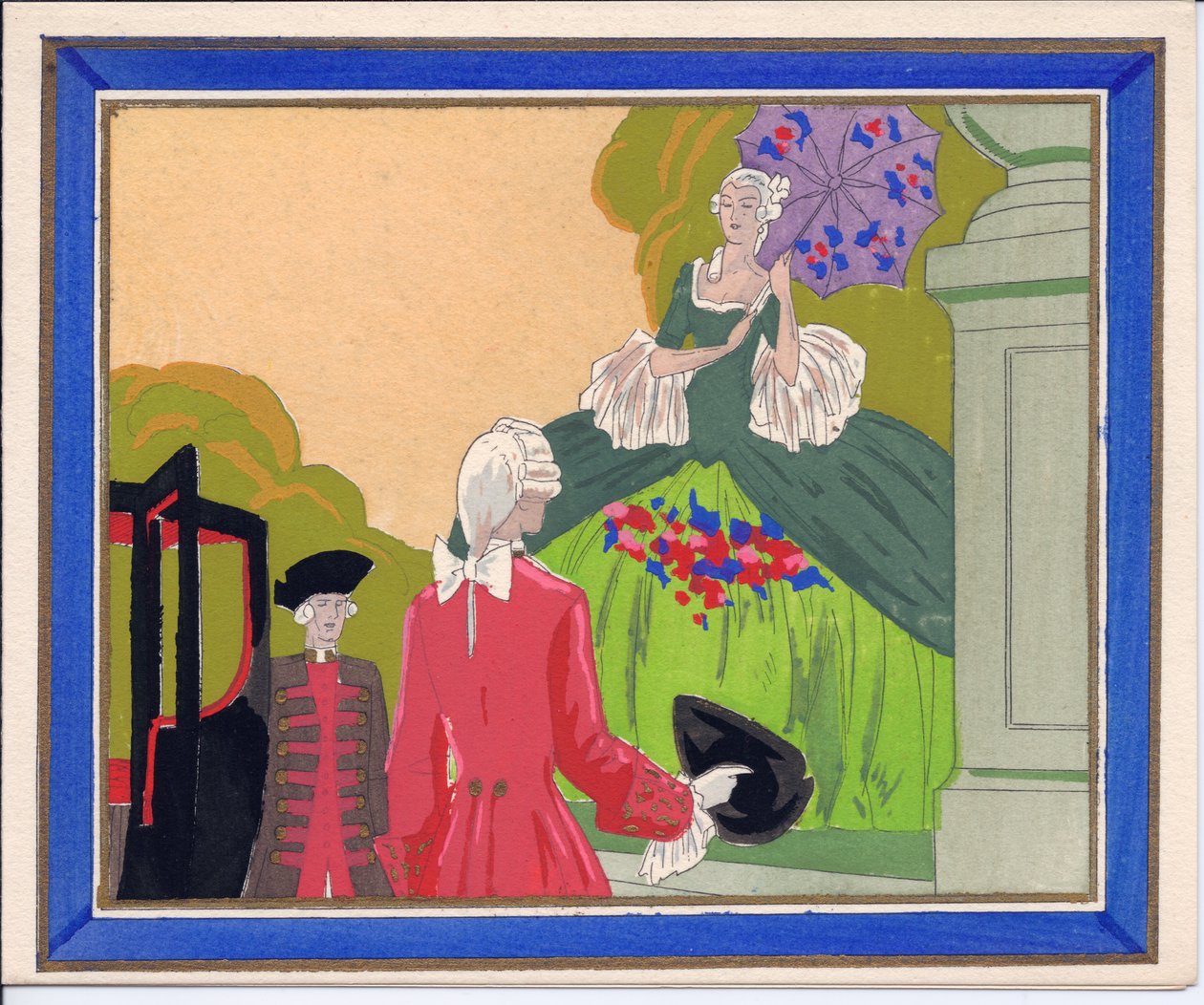Et håndkoloreret fransk Pochoir-hilsenskort med en mand og en lakaj, der venter på, at en fornem dame skal stige ind i sin vogn, ca. 1920 (stencil) af English School